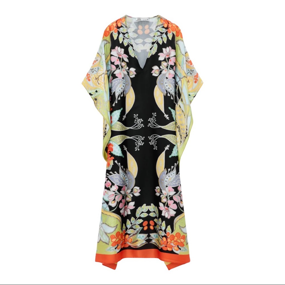 Zara RARE Multicolored Floral Printed Asian Satin Kimono Kaftan Scarf Midi Dress - Picture 5 of 15